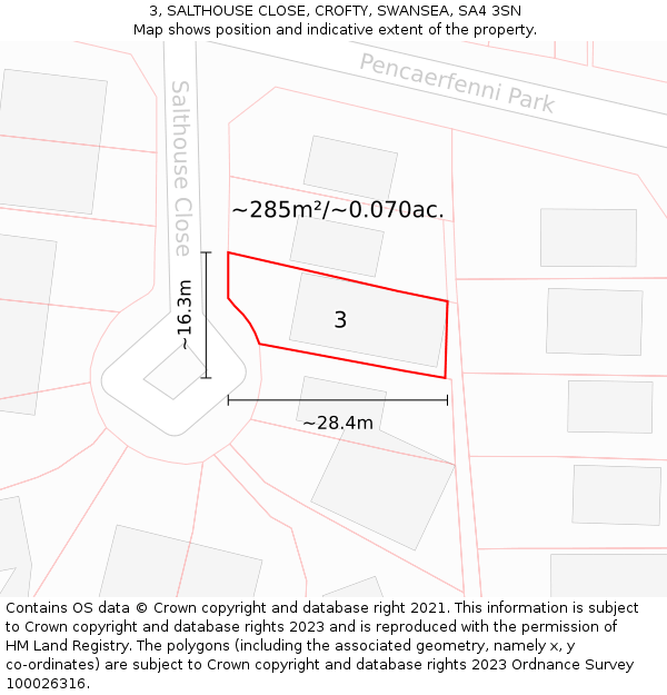 3, SALTHOUSE CLOSE, CROFTY, SWANSEA, SA4 3SN: Plot and title map
