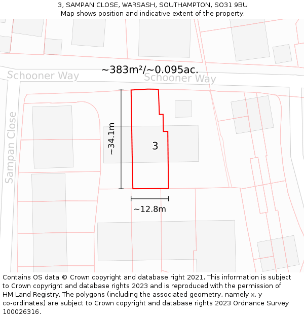 3, SAMPAN CLOSE, WARSASH, SOUTHAMPTON, SO31 9BU: Plot and title map