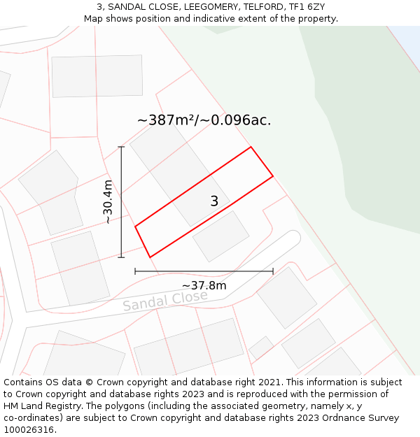 3, SANDAL CLOSE, LEEGOMERY, TELFORD, TF1 6ZY: Plot and title map