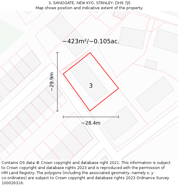 3, SANDGATE, NEW KYO, STANLEY, DH9 7JS: Plot and title map