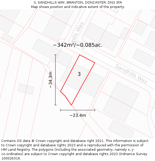 3, SANDHILLS WAY, BRANTON, DONCASTER, DN3 3FA: Plot and title map