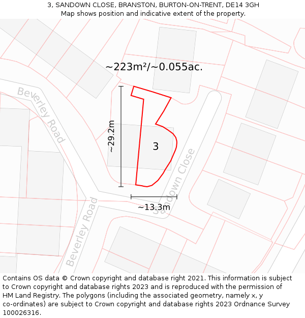 3, SANDOWN CLOSE, BRANSTON, BURTON-ON-TRENT, DE14 3GH: Plot and title map