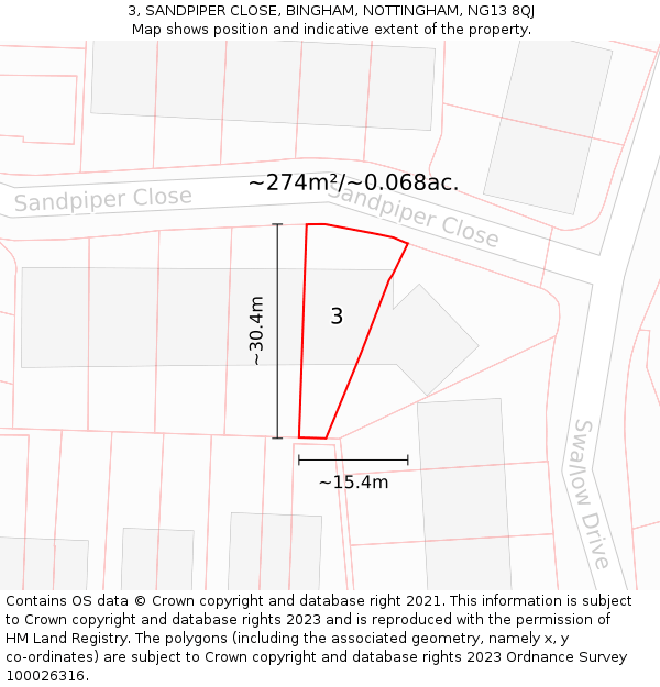 3, SANDPIPER CLOSE, BINGHAM, NOTTINGHAM, NG13 8QJ: Plot and title map