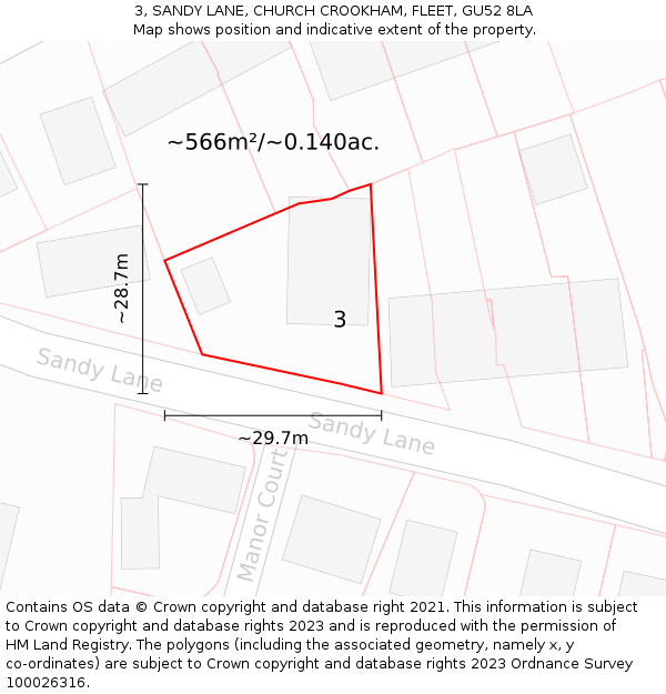 3, SANDY LANE, CHURCH CROOKHAM, FLEET, GU52 8LA: Plot and title map