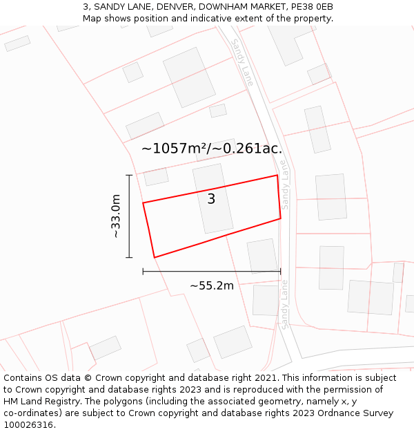 3, SANDY LANE, DENVER, DOWNHAM MARKET, PE38 0EB: Plot and title map