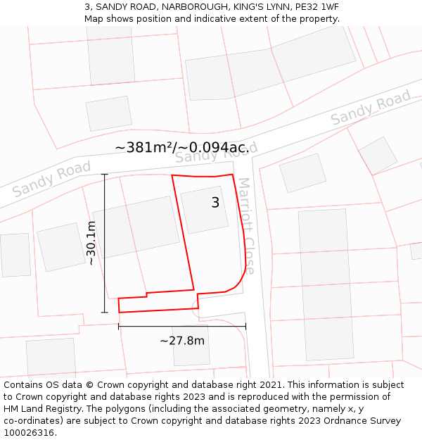 3, SANDY ROAD, NARBOROUGH, KING'S LYNN, PE32 1WF: Plot and title map