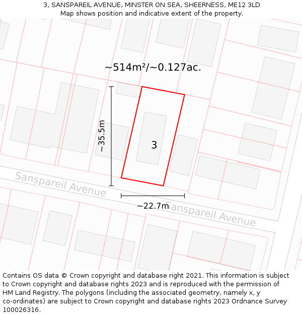 3, SANSPAREIL AVENUE, MINSTER ON SEA, SHEERNESS, ME12 3LD: Plot and title map