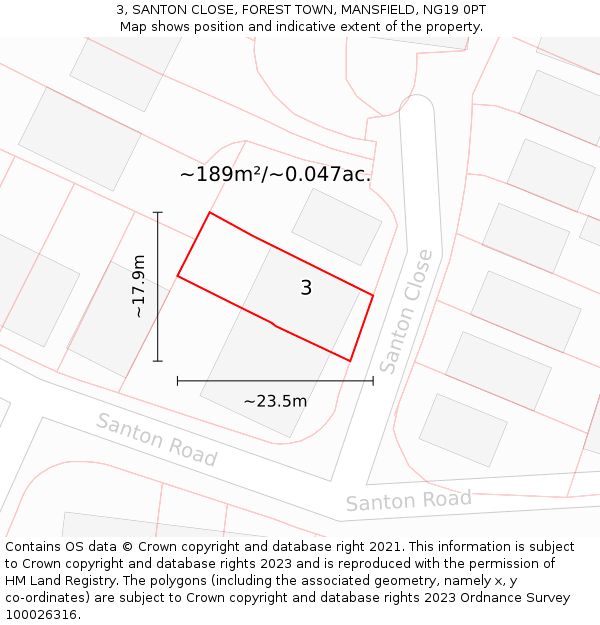 3, SANTON CLOSE, FOREST TOWN, MANSFIELD, NG19 0PT: Plot and title map