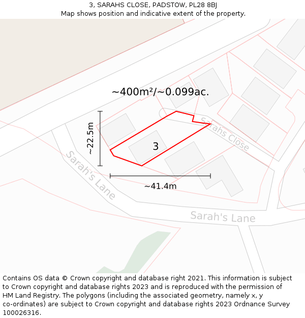 3, SARAHS CLOSE, PADSTOW, PL28 8BJ: Plot and title map