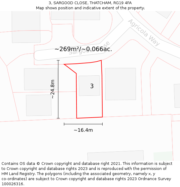 3, SARGOOD CLOSE, THATCHAM, RG19 4FA: Plot and title map