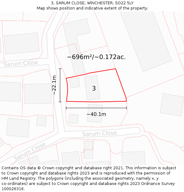 3, SARUM CLOSE, WINCHESTER, SO22 5LY: Plot and title map