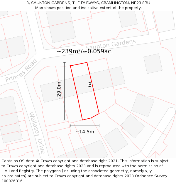 3, SAUNTON GARDENS, THE FAIRWAYS, CRAMLINGTON, NE23 8BU: Plot and title map