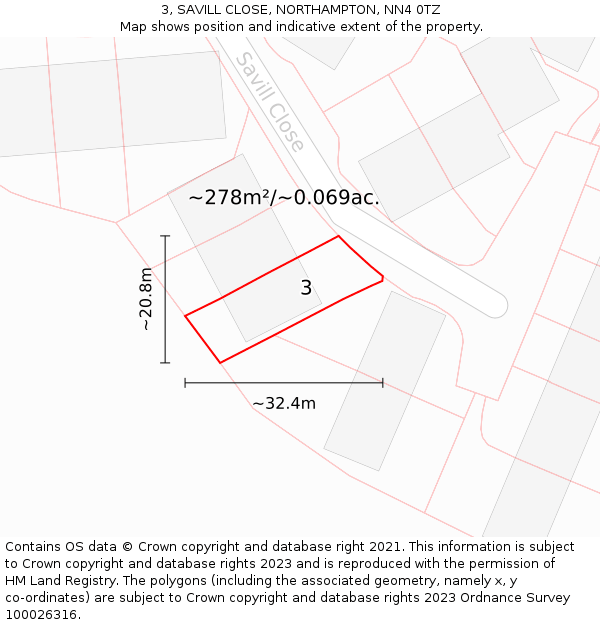 3, SAVILL CLOSE, NORTHAMPTON, NN4 0TZ: Plot and title map