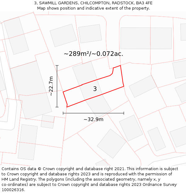 3, SAWMILL GARDENS, CHILCOMPTON, RADSTOCK, BA3 4FE: Plot and title map