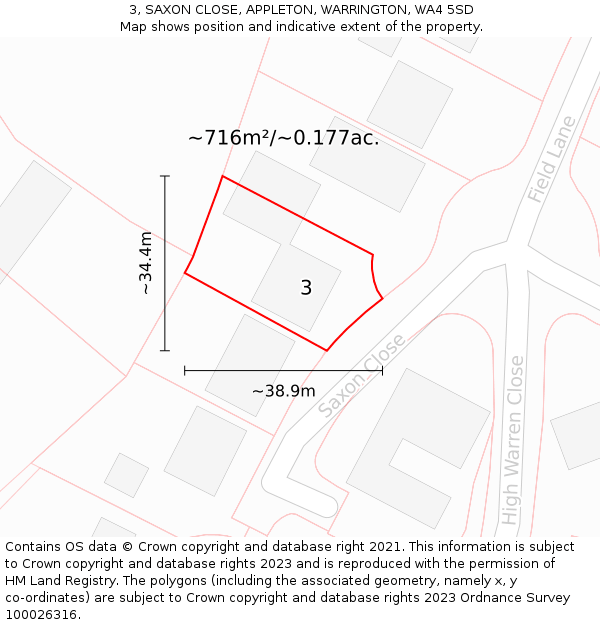 3, SAXON CLOSE, APPLETON, WARRINGTON, WA4 5SD: Plot and title map