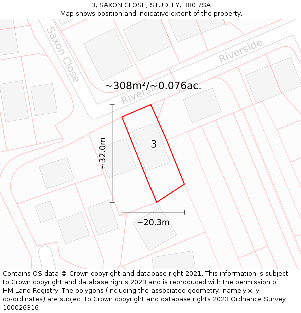 3, SAXON CLOSE, STUDLEY, B80 7SA: Plot and title map