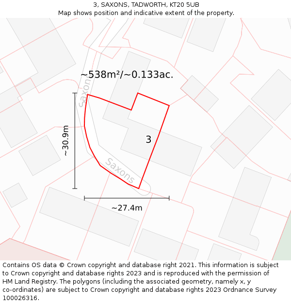 3, SAXONS, TADWORTH, KT20 5UB: Plot and title map