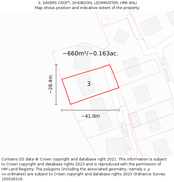 3, SAYERS CROFT, SHOBDON, LEOMINSTER, HR6 9NU: Plot and title map