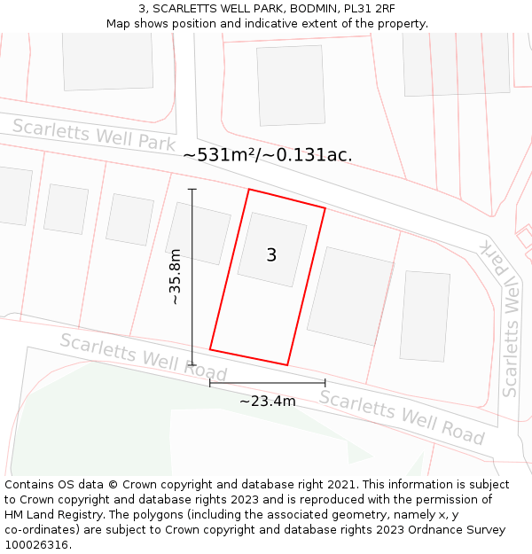 3, SCARLETTS WELL PARK, BODMIN, PL31 2RF: Plot and title map