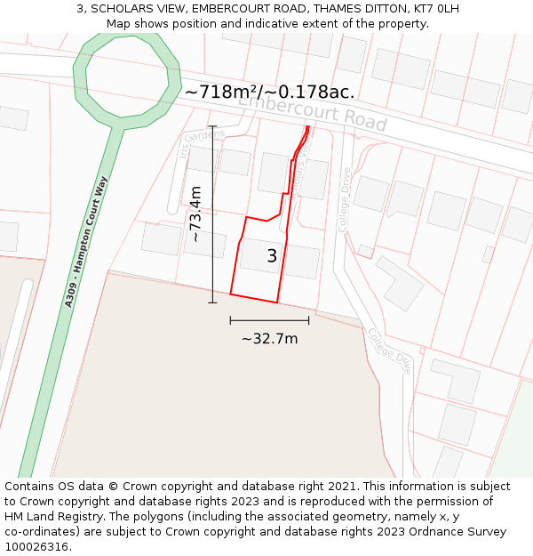3, SCHOLARS VIEW, EMBERCOURT ROAD, THAMES DITTON, KT7 0LH: Plot and title map