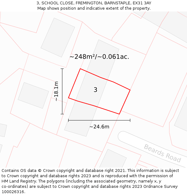3, SCHOOL CLOSE, FREMINGTON, BARNSTAPLE, EX31 3AY: Plot and title map
