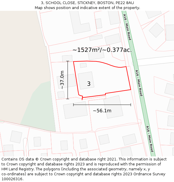 3, SCHOOL CLOSE, STICKNEY, BOSTON, PE22 8AU: Plot and title map