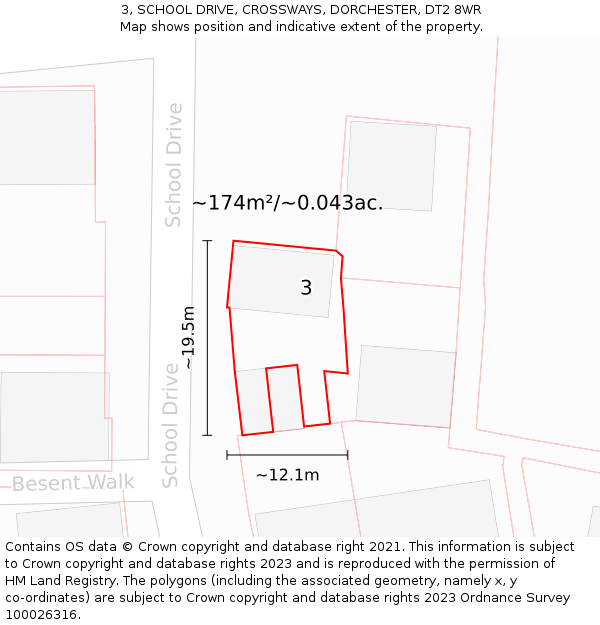 3, SCHOOL DRIVE, CROSSWAYS, DORCHESTER, DT2 8WR: Plot and title map