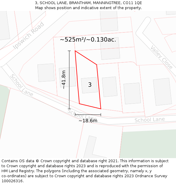 3, SCHOOL LANE, BRANTHAM, MANNINGTREE, CO11 1QE: Plot and title map