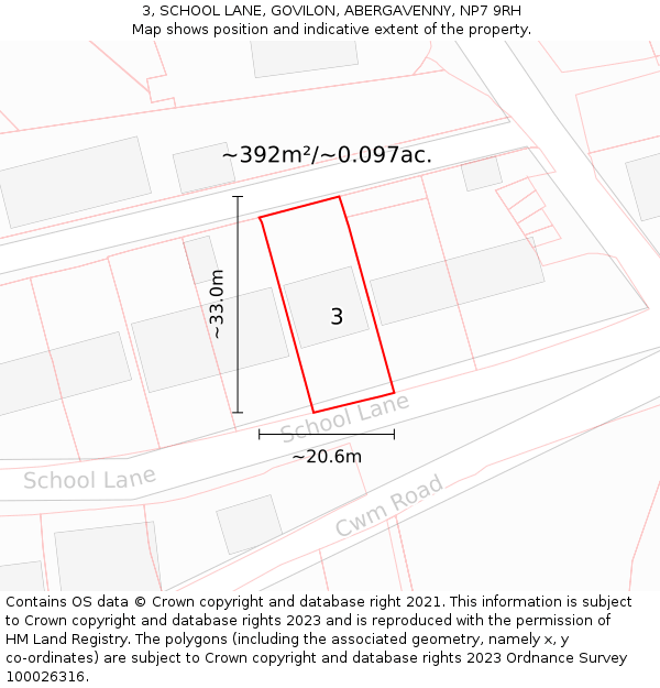 3, SCHOOL LANE, GOVILON, ABERGAVENNY, NP7 9RH: Plot and title map