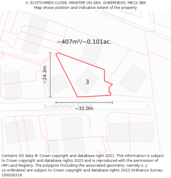 3, SCOTCHMEN CLOSE, MINSTER ON SEA, SHEERNESS, ME12 3BX: Plot and title map