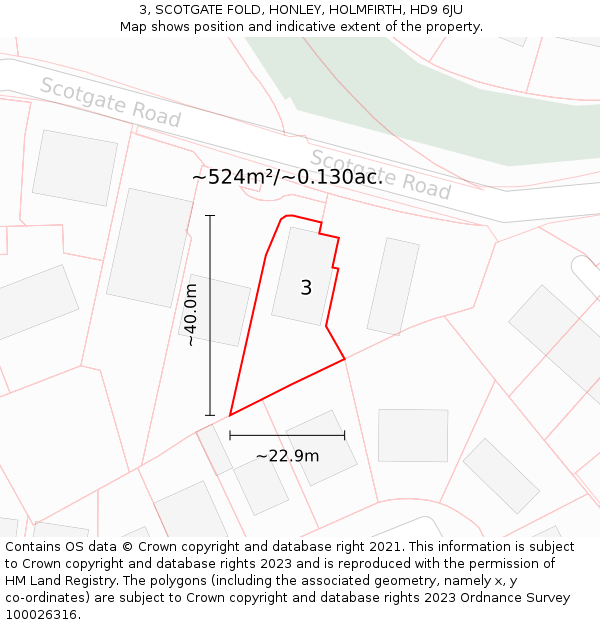 3, SCOTGATE FOLD, HONLEY, HOLMFIRTH, HD9 6JU: Plot and title map