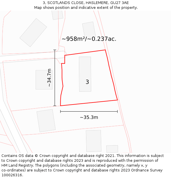 3, SCOTLANDS CLOSE, HASLEMERE, GU27 3AE: Plot and title map