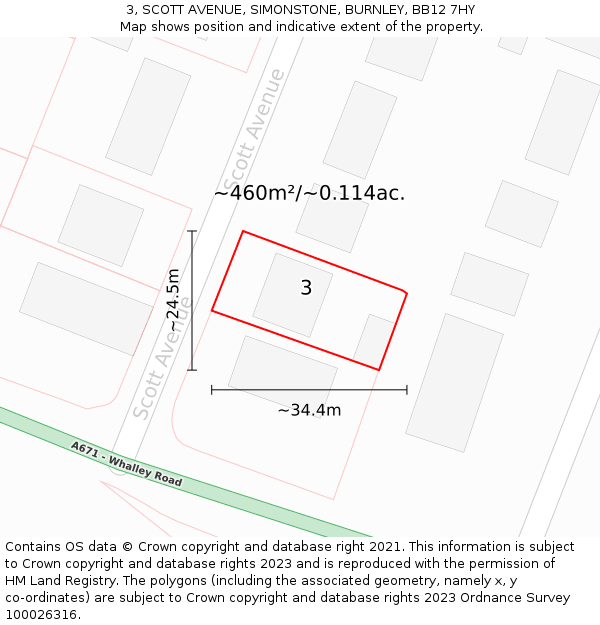 3, SCOTT AVENUE, SIMONSTONE, BURNLEY, BB12 7HY: Plot and title map