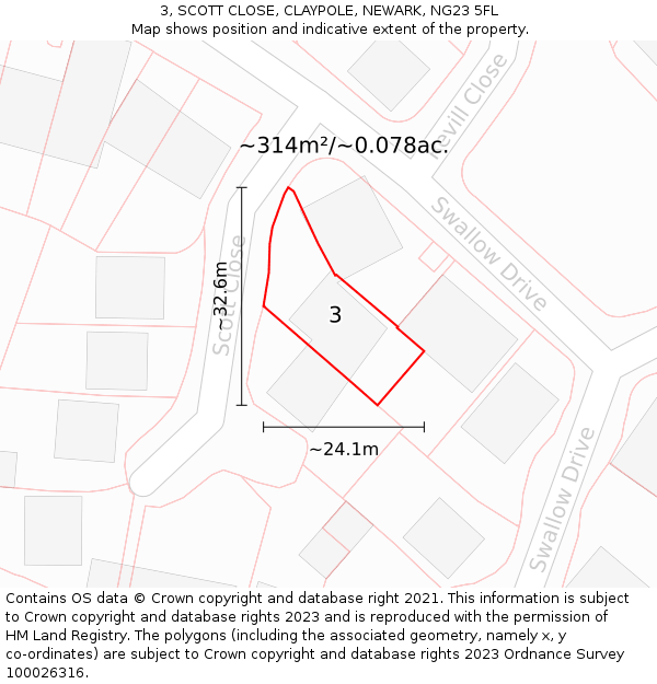 3, SCOTT CLOSE, CLAYPOLE, NEWARK, NG23 5FL: Plot and title map