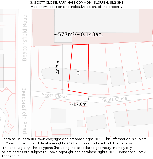 3, SCOTT CLOSE, FARNHAM COMMON, SLOUGH, SL2 3HT: Plot and title map