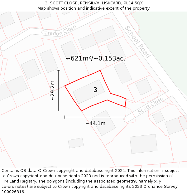 3, SCOTT CLOSE, PENSILVA, LISKEARD, PL14 5QX: Plot and title map