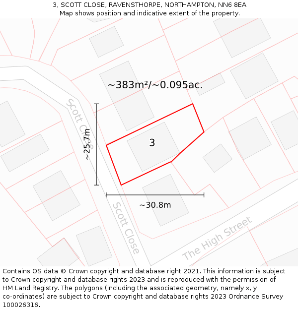 3, SCOTT CLOSE, RAVENSTHORPE, NORTHAMPTON, NN6 8EA: Plot and title map