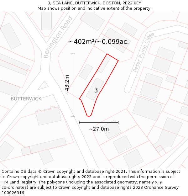 3, SEA LANE, BUTTERWICK, BOSTON, PE22 0EY: Plot and title map