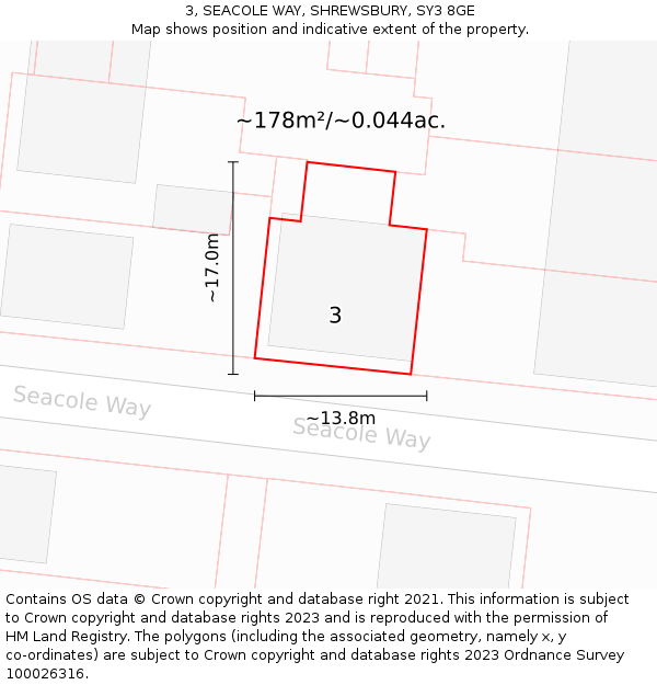 3, SEACOLE WAY, SHREWSBURY, SY3 8GE: Plot and title map