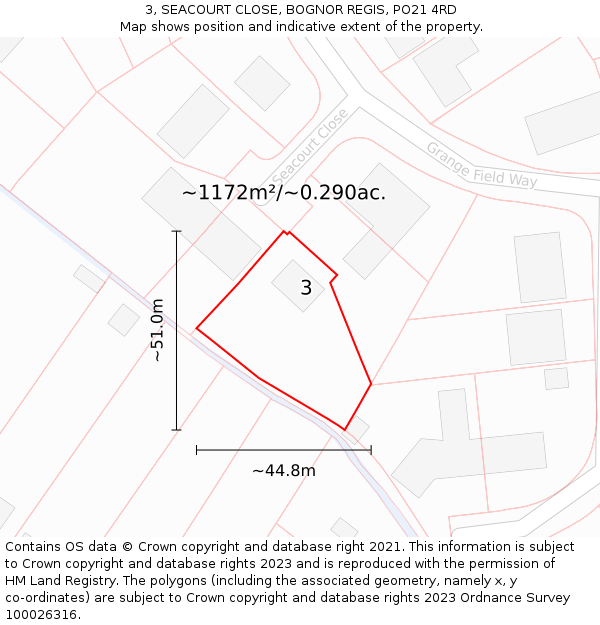 3, SEACOURT CLOSE, BOGNOR REGIS, PO21 4RD: Plot and title map