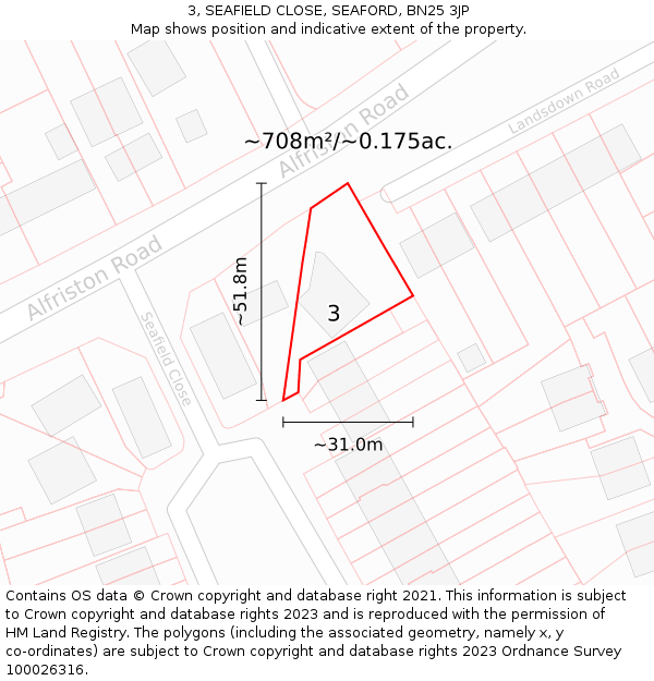 3, SEAFIELD CLOSE, SEAFORD, BN25 3JP: Plot and title map