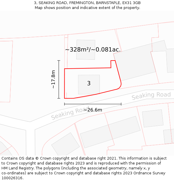 3, SEAKING ROAD, FREMINGTON, BARNSTAPLE, EX31 3GB: Plot and title map