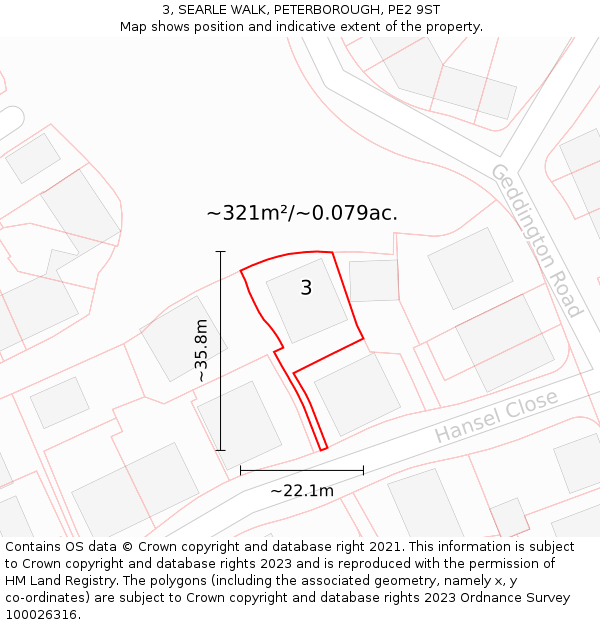 3, SEARLE WALK, PETERBOROUGH, PE2 9ST: Plot and title map