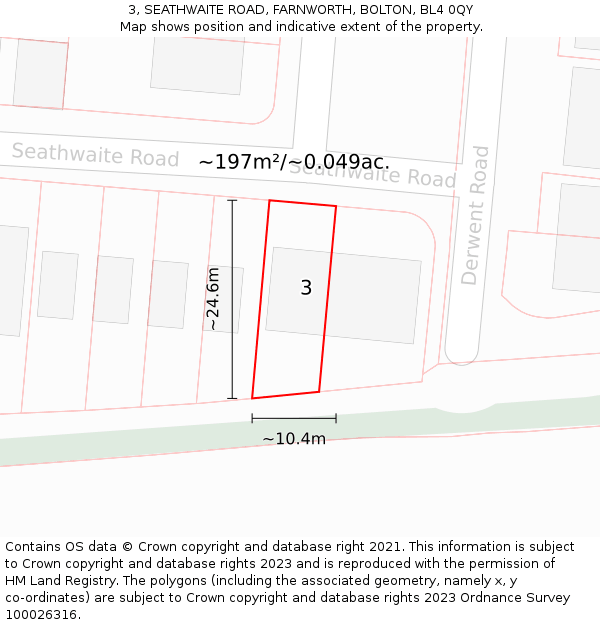3, SEATHWAITE ROAD, FARNWORTH, BOLTON, BL4 0QY: Plot and title map