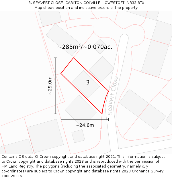 3, SEAVERT CLOSE, CARLTON COLVILLE, LOWESTOFT, NR33 8TX: Plot and title map