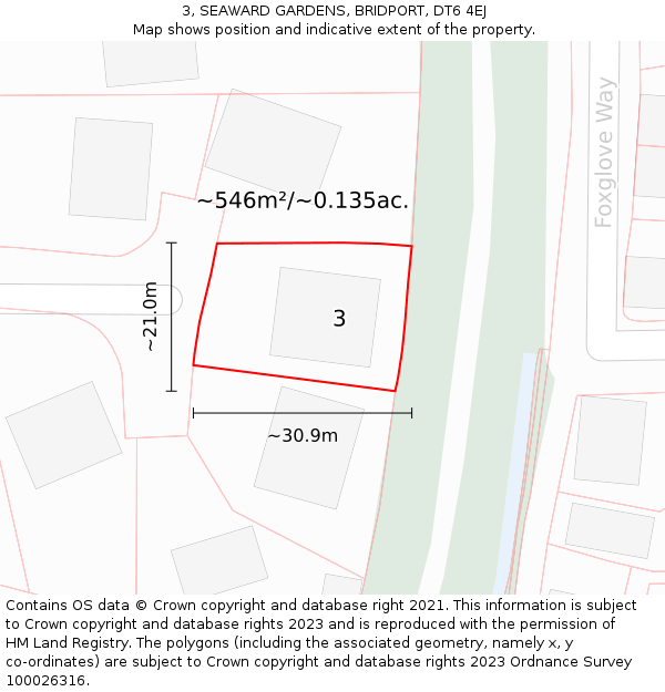 3, SEAWARD GARDENS, BRIDPORT, DT6 4EJ: Plot and title map