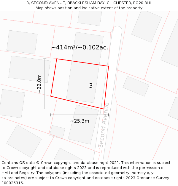 3, SECOND AVENUE, BRACKLESHAM BAY, CHICHESTER, PO20 8HL: Plot and title map