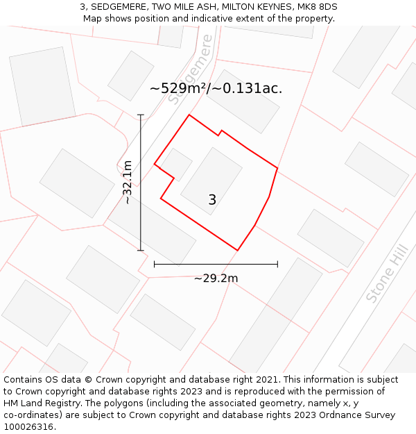 3, SEDGEMERE, TWO MILE ASH, MILTON KEYNES, MK8 8DS: Plot and title map