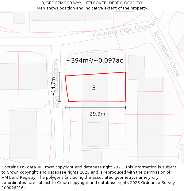 3, SEDGEMOOR WAY, LITTLEOVER, DERBY, DE23 3YX: Plot and title map