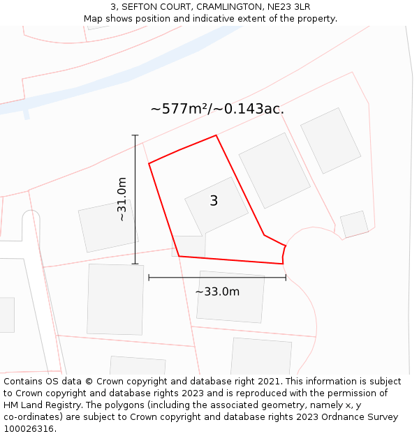 3, SEFTON COURT, CRAMLINGTON, NE23 3LR: Plot and title map